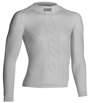 Front view of OMP Karting Long Sleeve Underwear Top showing seamless 3D knit design in white